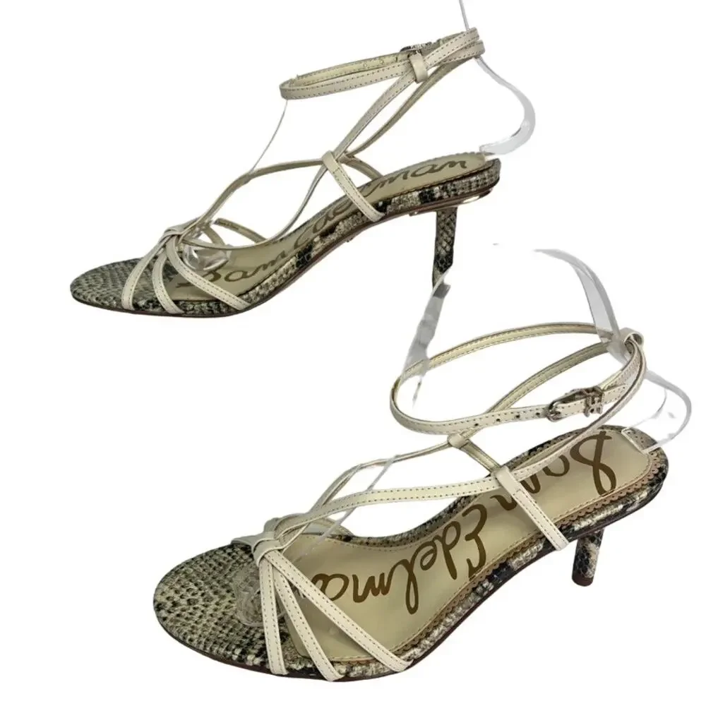 SAM EDELMAN Sandal Shoes Womens 8 Pippa Heeled Strappy Snake Footbed Cream